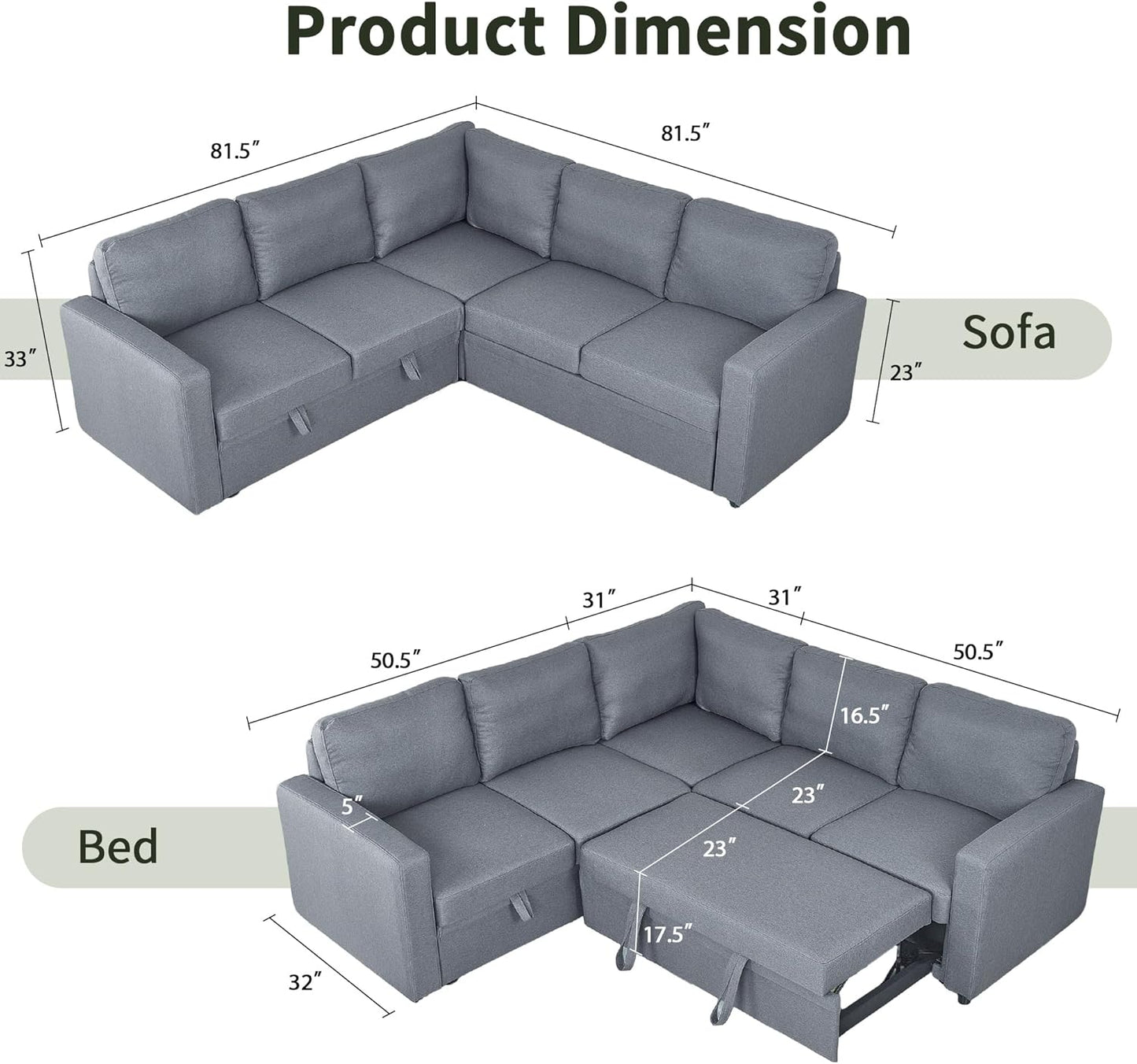 83" Pull Out Sleeper Couch with Storage Chaise, Couch, Sofa Bed, Convertible L Shaped Sofa for Living Room, Apartment, Grey