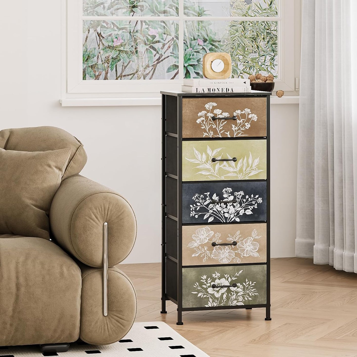 Tohomeor Vintage Dresser Vertical Nightstand with Neutral Botanical Plant Fabric Chest Drawers for Closet Bathroom Storage Tower Unit Bed Side Organizer Farmhouse Rustic (Multi, 5 Drawers)