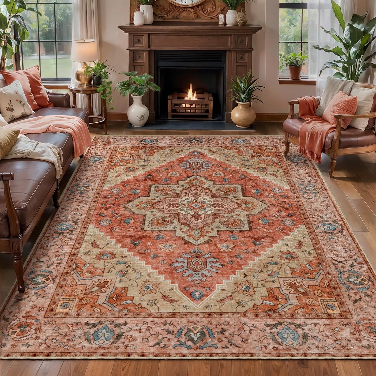 Tangsoo 4x6 Area Rug for Living Room, Washable Vintage Indoor, Distressed Carpet for Bedroom Non Slip for Dining Room, Soft Low Pile Rugs Foldable Floor Rug for Dorm Bedside Bathroom