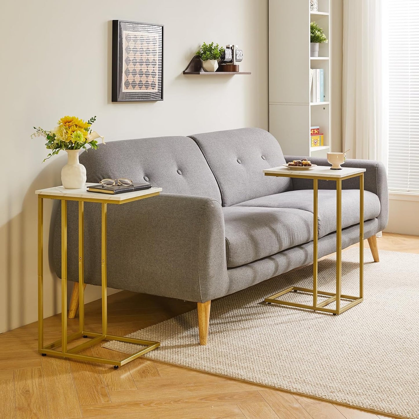 Small Side Tables C Shaped, End Table Set of 2, Small Table Stand for Living Room Bedroom, lLittle Bedside Table Faux Marble+Gold YD-TM051G-2