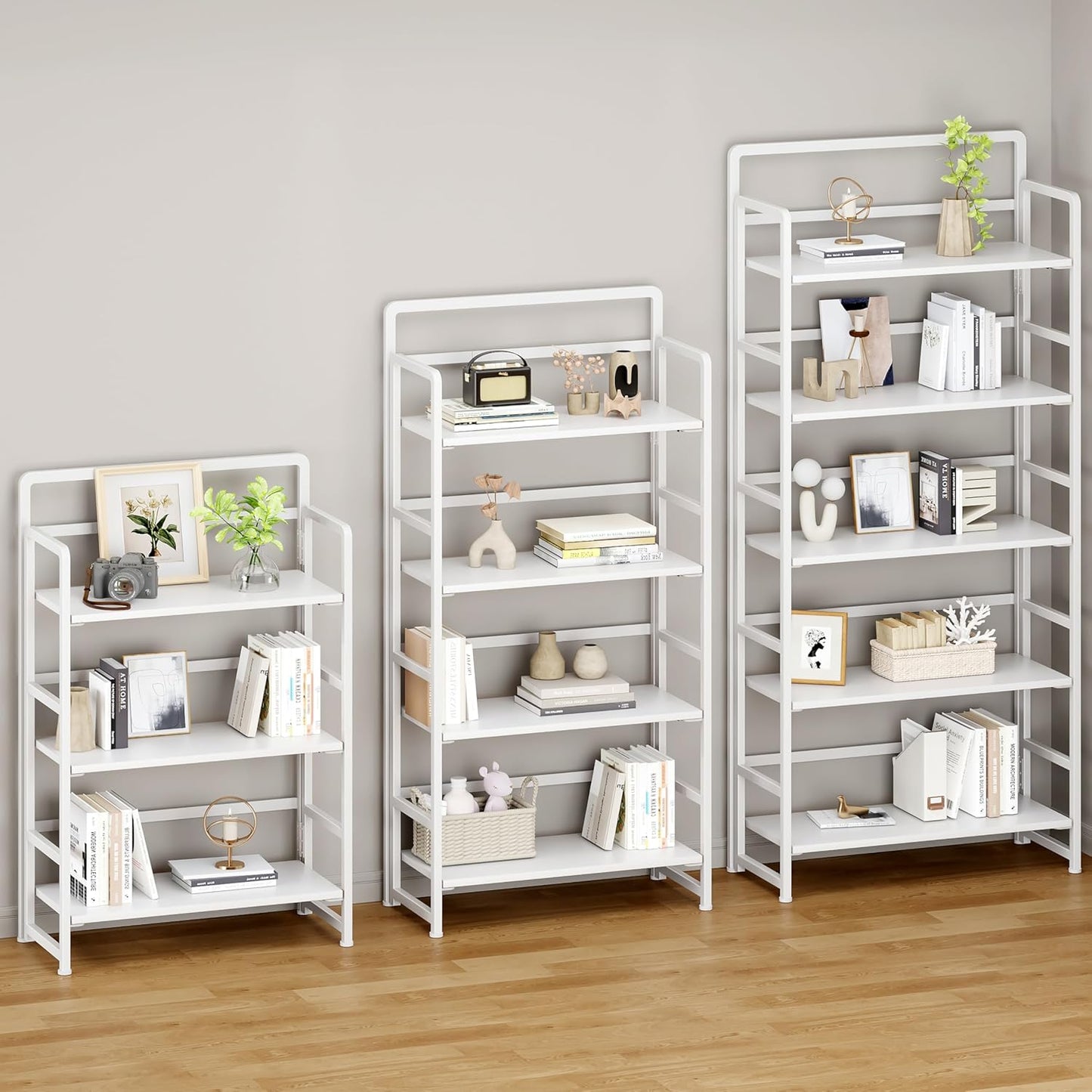 No Assembly Folding Bookshelf, 5 Tiers Collapsible Book Shelf for Home Office, Vintage Wood Foldable Bookcase Storage Organizer for Living Room Bedroom (White)