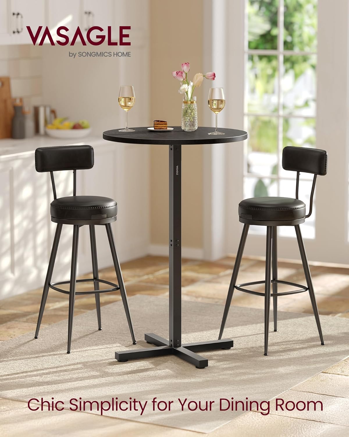VASAGLE Round Cocktail Table, High Top Bar Pub Table with Metal Frame and Cross Base, for 2-3 People, Modern, Easy to Assemble, 23.6 x 23.6 Inches, Ebony Black ULBT361B01V1