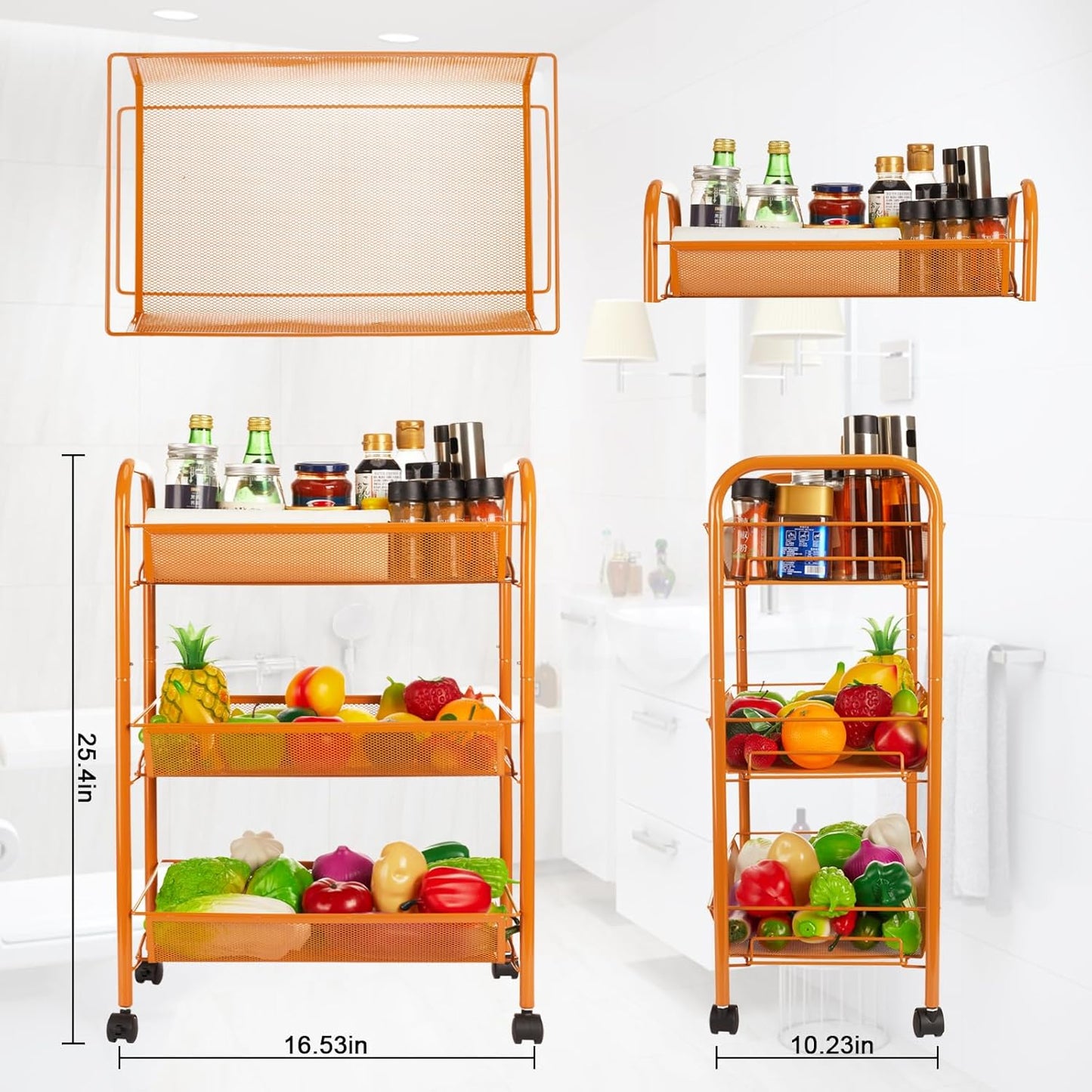 3-Tier Metal Rolling Cart, Storage Shelf with Lockable Caster Wheels, Mobile Storage Cart Used for Kitchen, Bathroom, Livingroom(Orange)