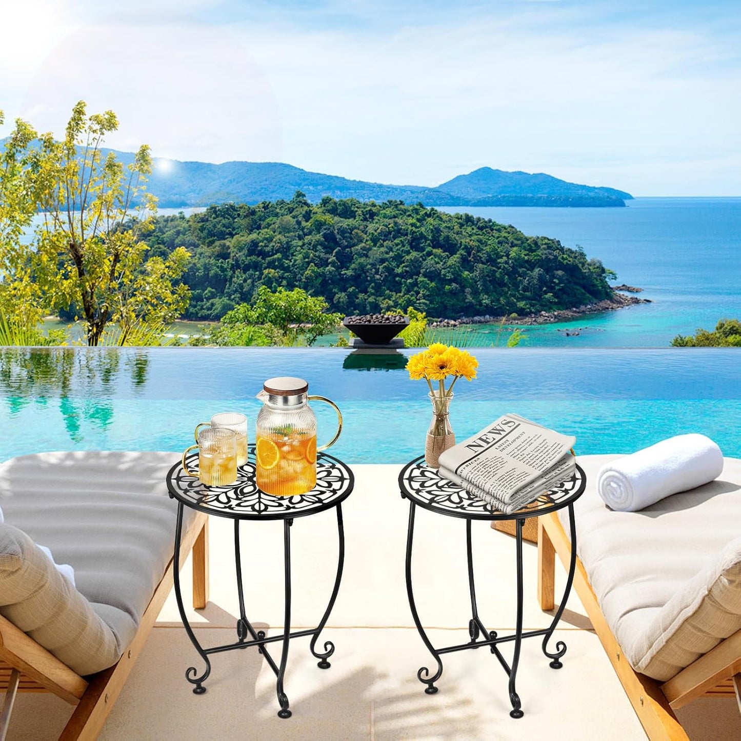 2 Pack Outdoor Side Table for Small Spaces, 14 Inch Patio Side Table,Plant Stand,Round Metal End Table Anti-Rust Waterproof Accent Table for Patio,Yard Porch Balcony Garden