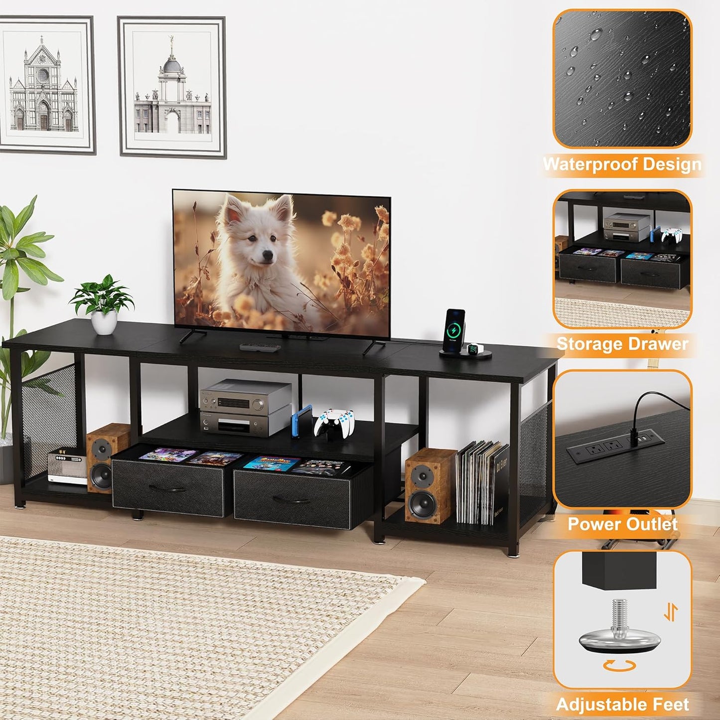 TV Stand with Drawers and Power Outlets for 75 70 65 Inch TV, Entertainment Center with Open Storage Shelves, Industrial Media TV Console Table for Living Room Bedroom Office, Black