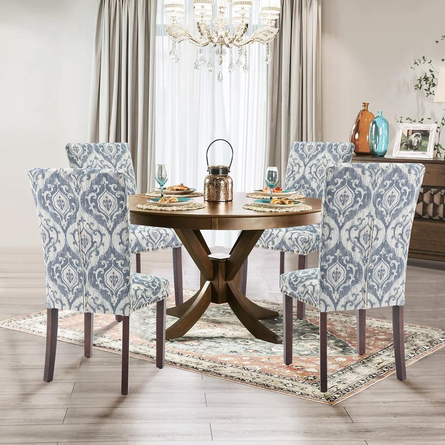 Parsons Dining Chairs Set of 4, Upholstered Nailhead Dining Room Kitchen Side Chair with Thick Cushions and Wood Legs, White/Blue
