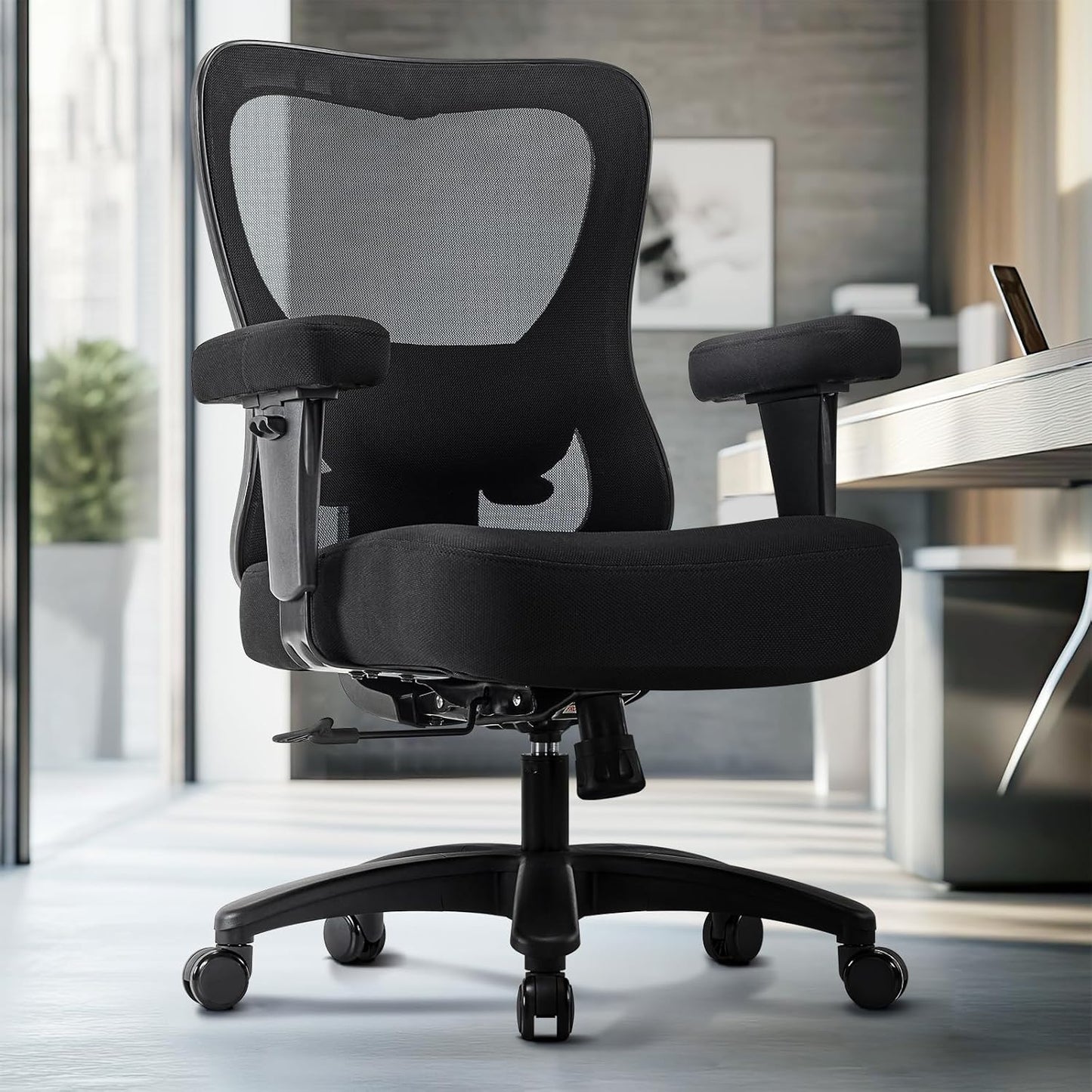 Big and Wide Office Chair 500lbs，Ergonomic Desk Chair with 4 Way Adjustable Lumbar Support, Thicker Seat Cushion, 2D Armrest, Rocking Function, Stable Comfy Computer Mesh Chairs, Black