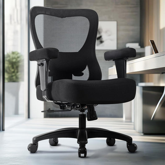 Big and Wide Office Chair 500lbs，Ergonomic Desk Chair with 4 Way Adjustable Lumbar Support, Thicker Seat Cushion, 2D Armrest, Rocking Function, Stable Comfy Computer Mesh Chairs, Black