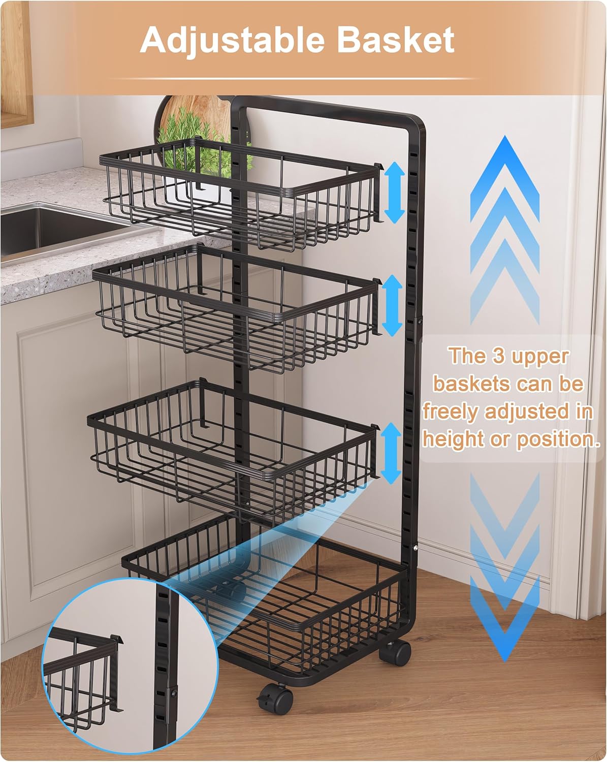 UMDONX 4-Tier Kitchen Storage Cart Metal Snack Cart Adjustable Fruit Basket on Wheels Stand Baskets for Potato Onion Produce Black