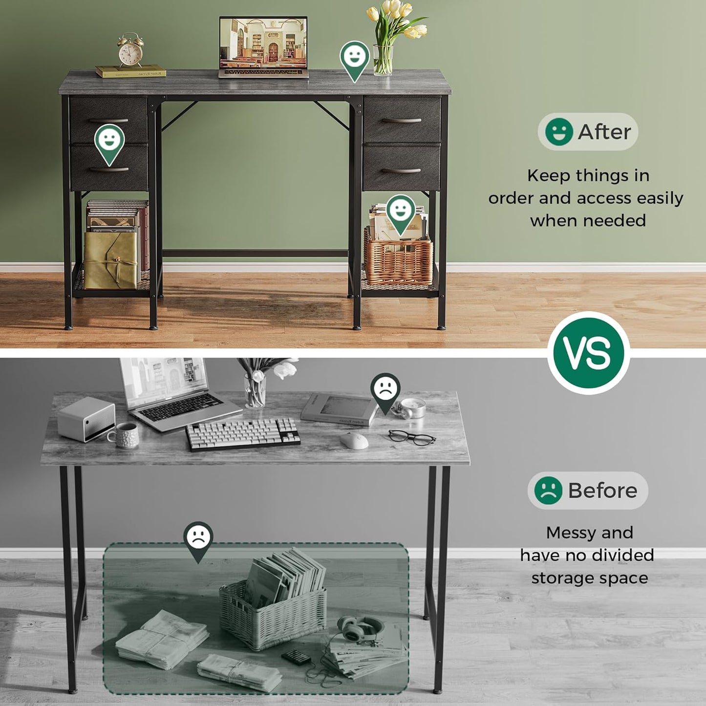 Huuger 47 Inch Computer Desk with 4 Drawers, Office Desk with Mesh Shelf, Gaming Desk, Large Storage, Writing Work Desk for Home Office, Study, Bedroom, Work from Home, Grey