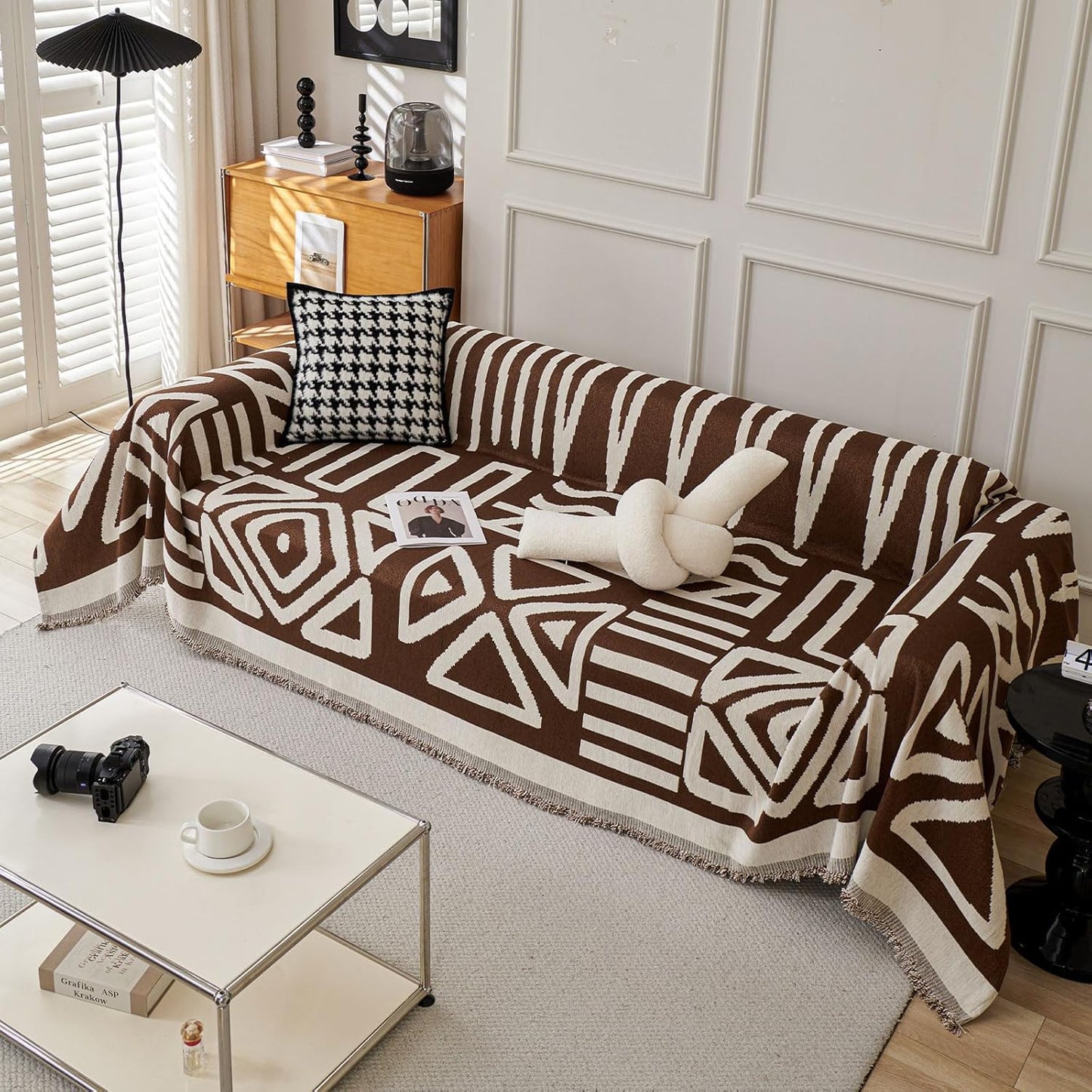 STACYPIK Soft Breathable Boho Chocolate Sofa Cover Stain Resistant Furniture Protector for 3 Cushion Couch Washable Sofa Cover for Dogs Cats Dark Khaki Reversible Sectional Covers for Sofa-91X118IN