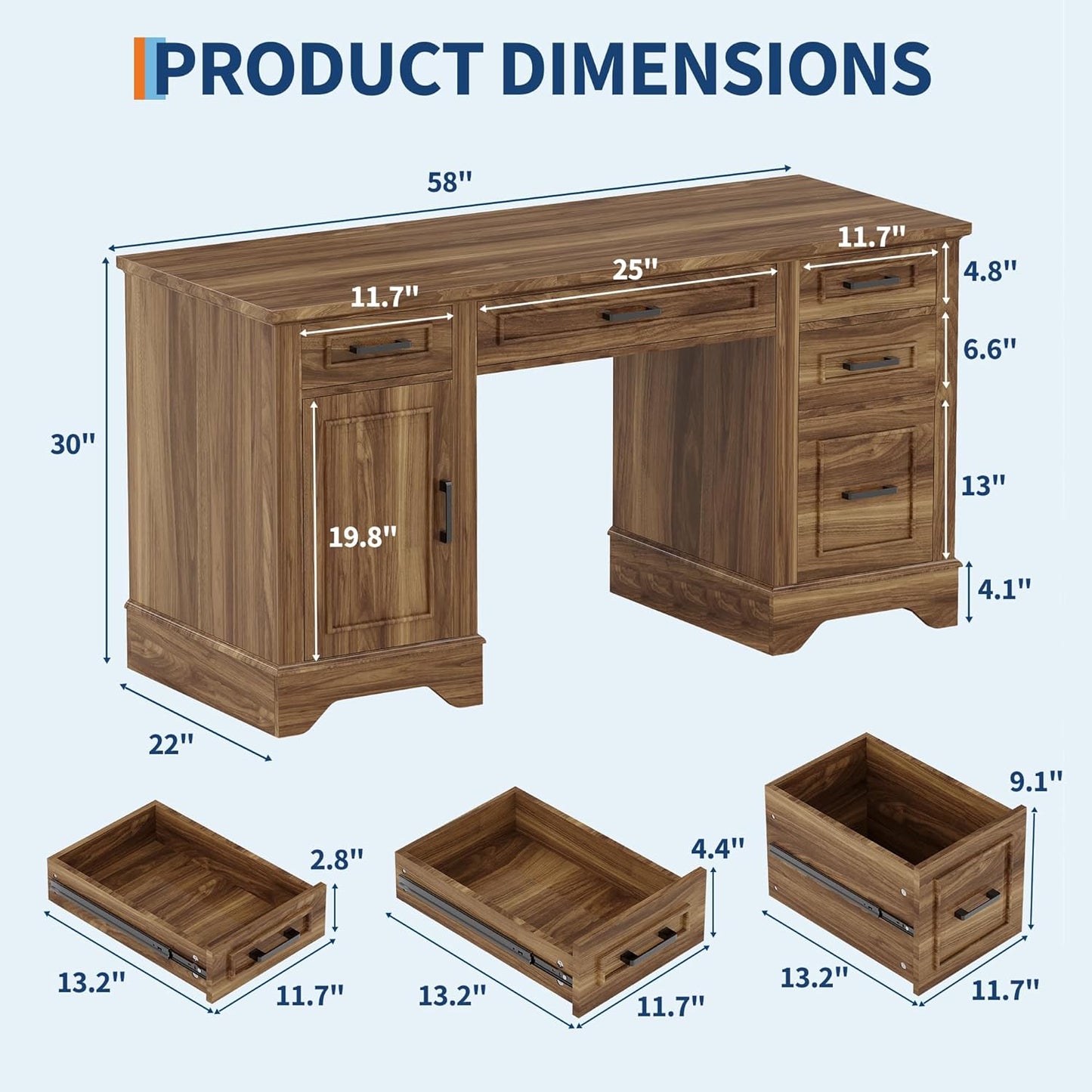 Executive Office Desk, Farmhouse 58" Office Desk with Storage, Wood Executive Computer Desk with Keyboard Tray, File Drawer, Storage Cabinet for Home Office Remote Work-Brown Wood