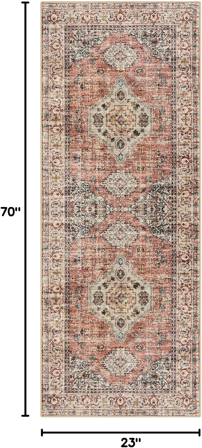 Lahome Oriental Washable Runner Rug, 2x6 Runner Rugs for Hallway Kitchen, Ultra-Thin Distressed Vintage Soft Long Carpet for Bathroom Bedroom Laundry Room, Peach/Orange