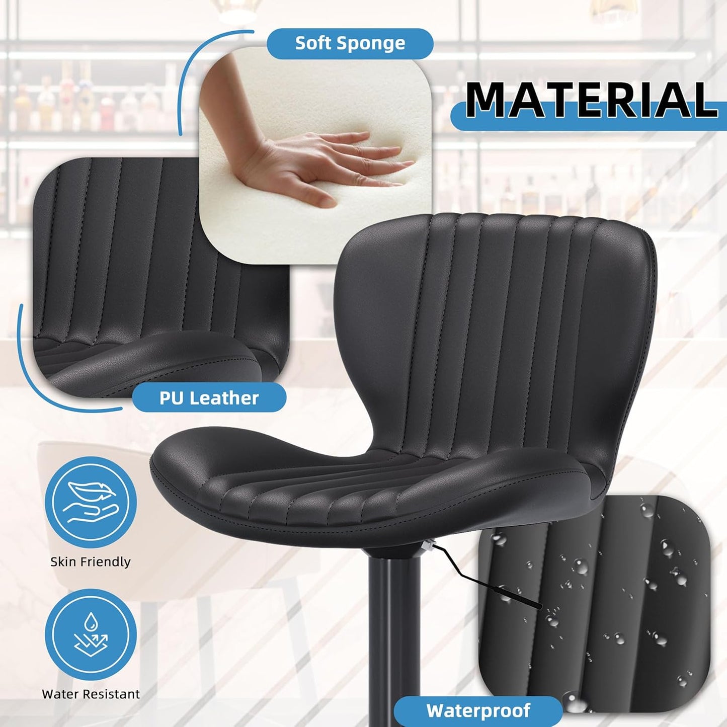 Shintenchi Bar Stools Set of 2 Modern Swivel Bar Chairs, Counter Height Faux Leather Metal Barstools, Upholstered Island Chairs with Back and Footrest, Black