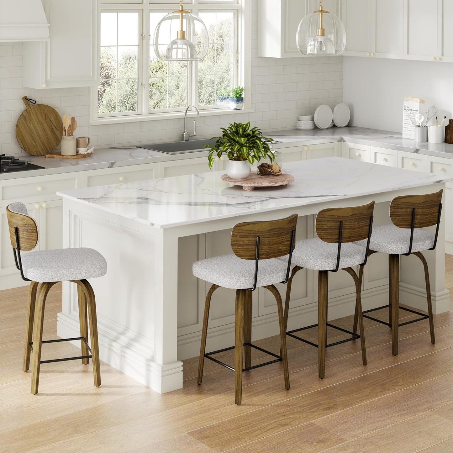 Swivel Counter Height Bar Stools with Back Set of 2, 26" Fabric Upholstered Kitchen Bar Stools with Wood Legs and Metal Footrest for Kitchen Island (Grey Fabric)