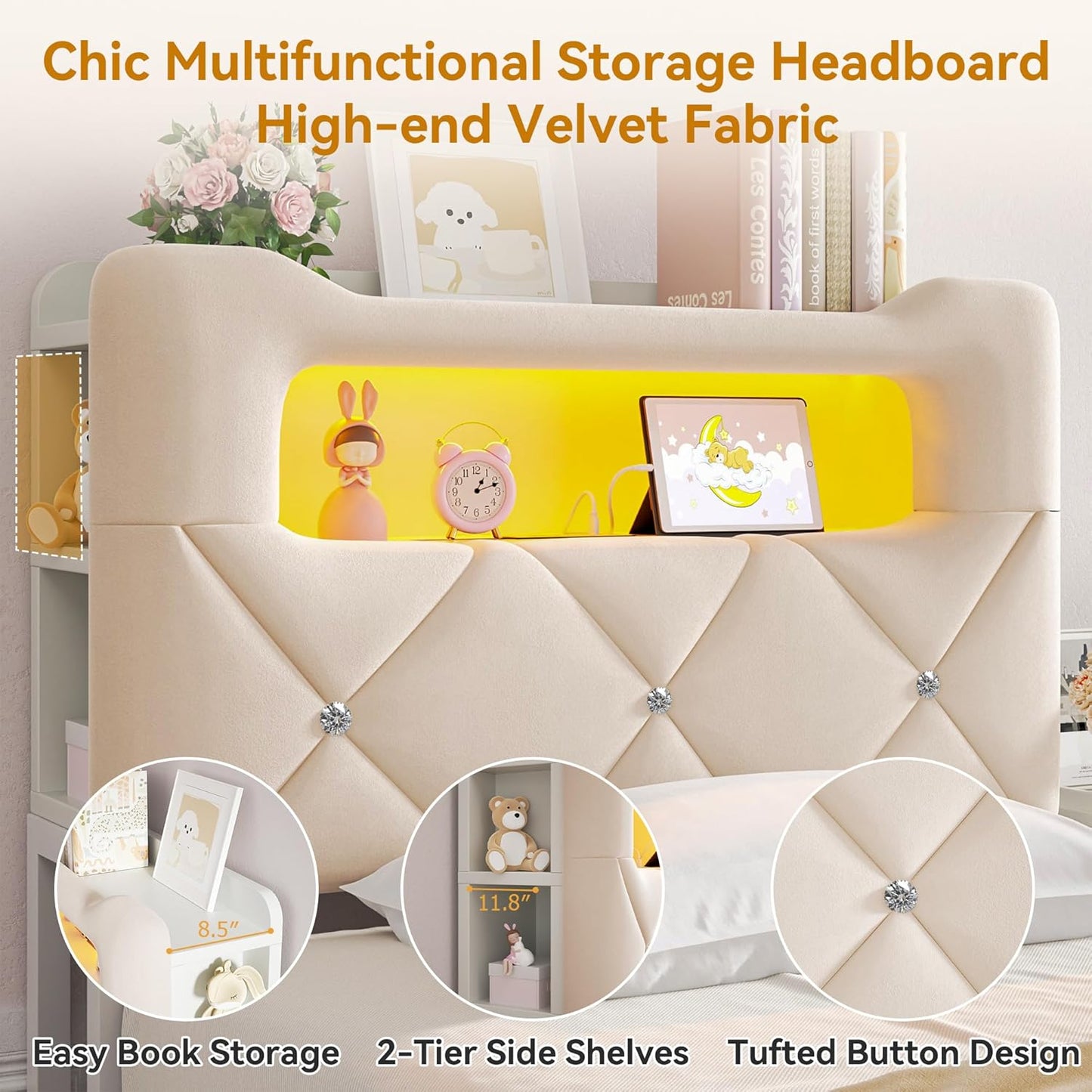 Twin Upholstered LED Bed Frame with 2 Storage Drawers and 2-Tier Storage Bookcase Headboard, Velvet Princess Platform Bed for Kids/Girls/Boys, Corner Bed Frame, Heavy Duty Metal Support, Beige