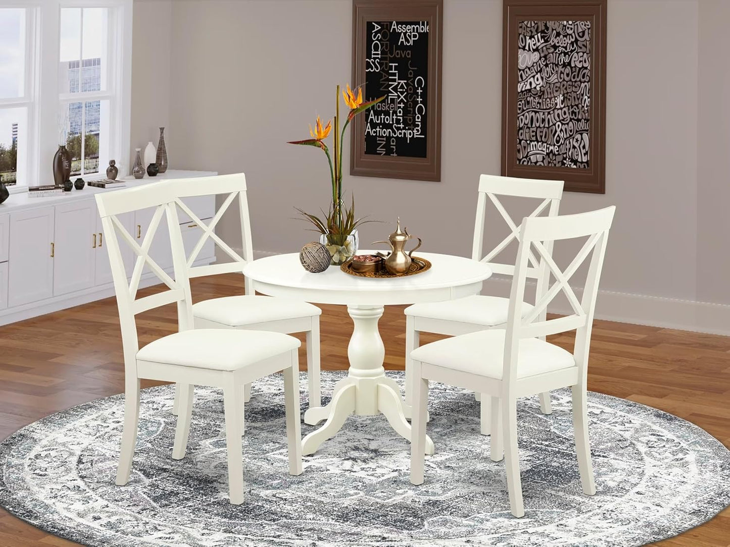 East West Furniture HBBO5-LWH-C 5 Piece Modern Dining Table Set Includes a Round Wooden Table with Pedestal and 4 Linen Fabric Kitchen Dining Chairs, 42x42 Inch, Linen White
