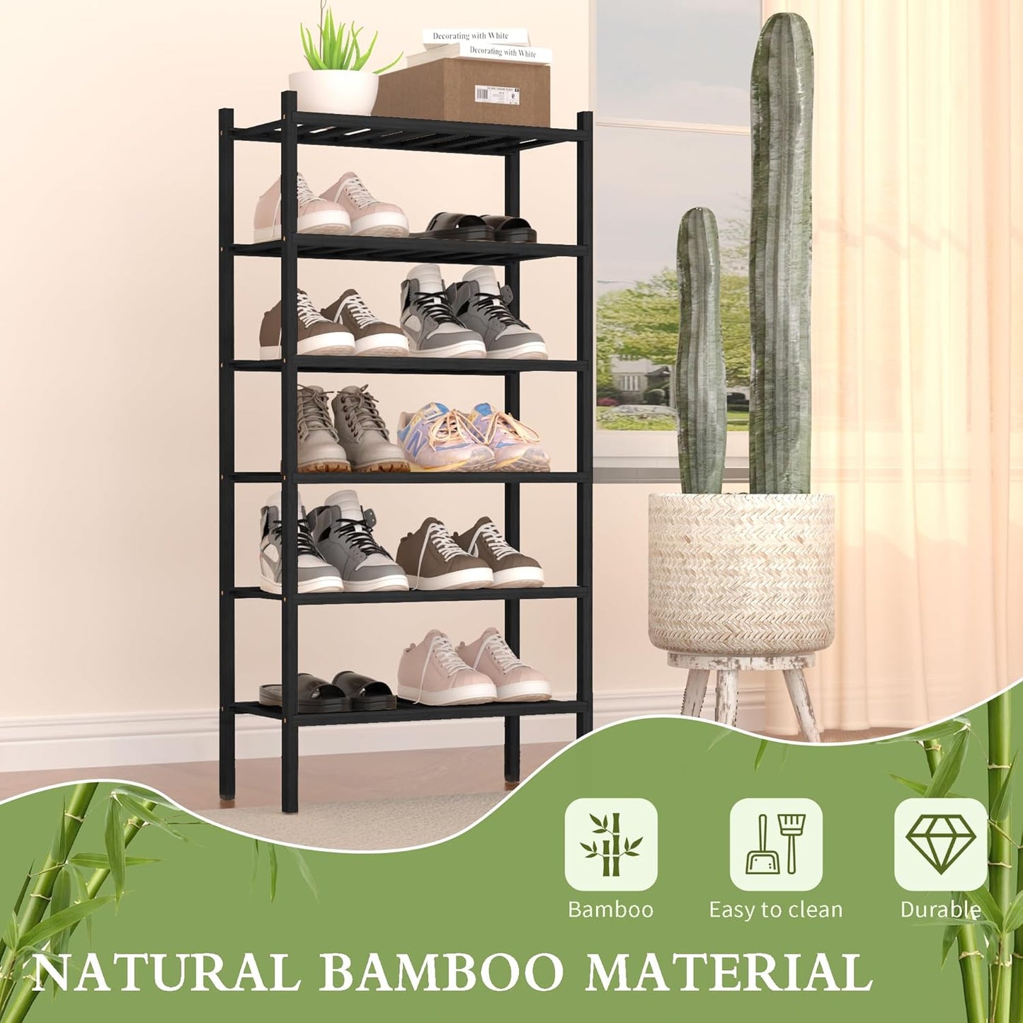 6-Tier Bamboo Small Shoe Rack, Free Standing Wood Shoe Shelf Storage Organizer for Closet Entryway Stackable (Black)