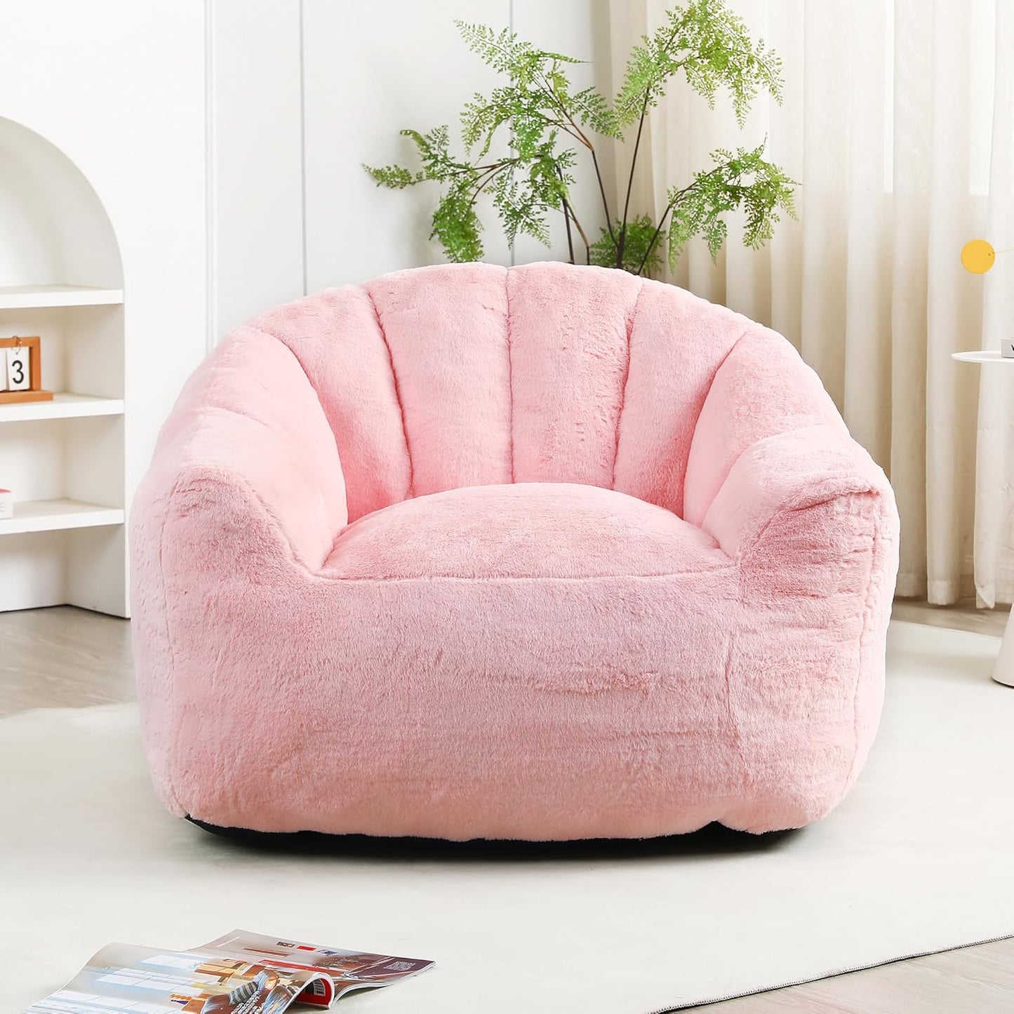 Furniliving Bean Bag Chair, Giant Bean Bag Chair Stuffed Floor Sofa for Adults Comfy Bean Bag Sofa with Back Support, Oversized Bean Bag Couch for Living Room Bedroom Dorm Office, Faux Leather, Pink