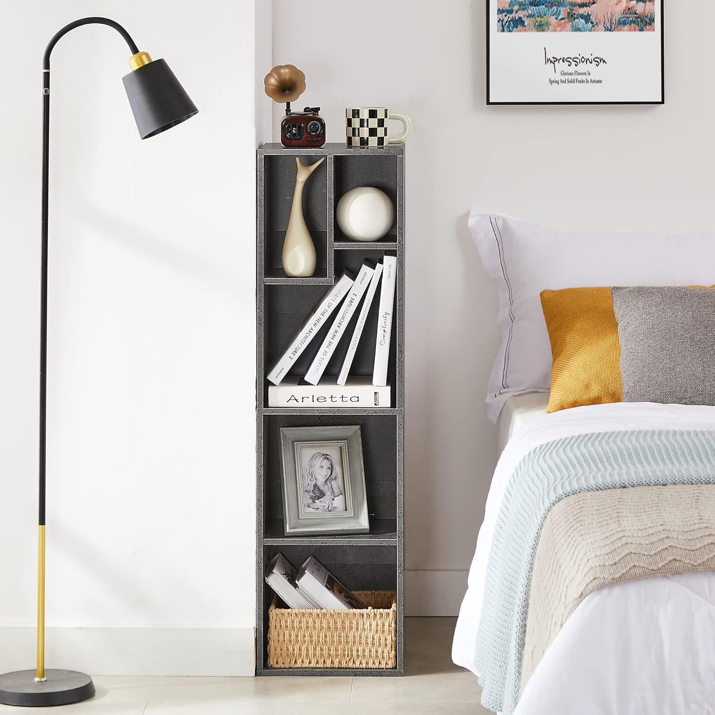 VECELO 4-Tier Bookcase, Modern Storage Cabinet with Height Difference Shelves for Standard Textbooks, 5 Cubes, Vertical or Horizontal, Easy Assembly, Grey