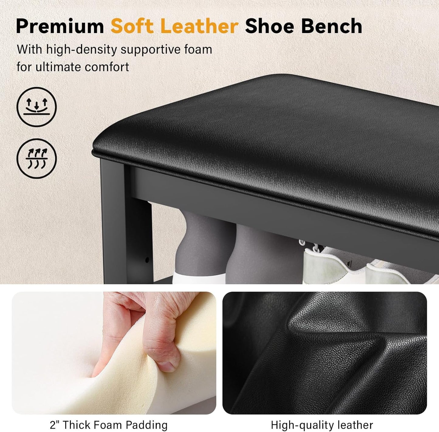 Entryway Shoe Storage Bench with Leather Cushion, Shoe Organizer Bench for Entryway, Ideal for Hallways Front Doors Entrances Mudrooms Featuring Rubberwood And 3 Height-Adjustable & Removable Shelve