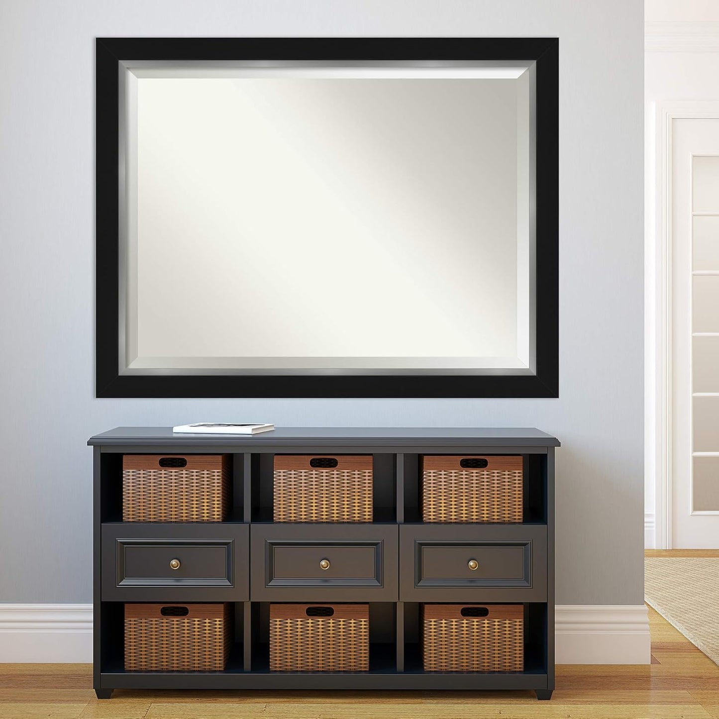 Amanti Art Black Bathroom Mirror for Over Sink, 36x46 Eva Black Silver Rectangle Vanity Mirror, X-Large Modern Contemporary Frame, Hangs Horizonally and Vertically, Bathroom Wall Decor, Beveled Edge