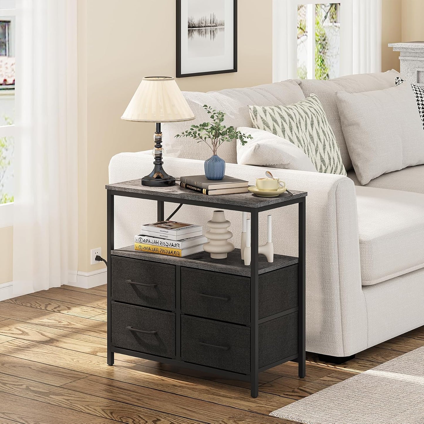 TUTOTAK Large Night Stand with Charging Station, Nightstand with USB and Type-C Port, Bedside Table with Cloth Drawers, End Table for Livingroom, Bedroom, Charcoal Grey TB01BY081