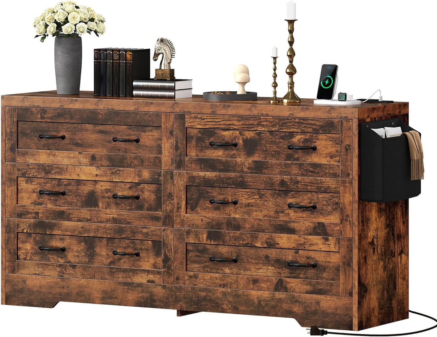 YITAHOME Rustic Brown Drawers TV Stand for 65 inches with Power Outlets -Chest of Drawers Dresser with Side Organizer Bag Entertainment Center TV Console