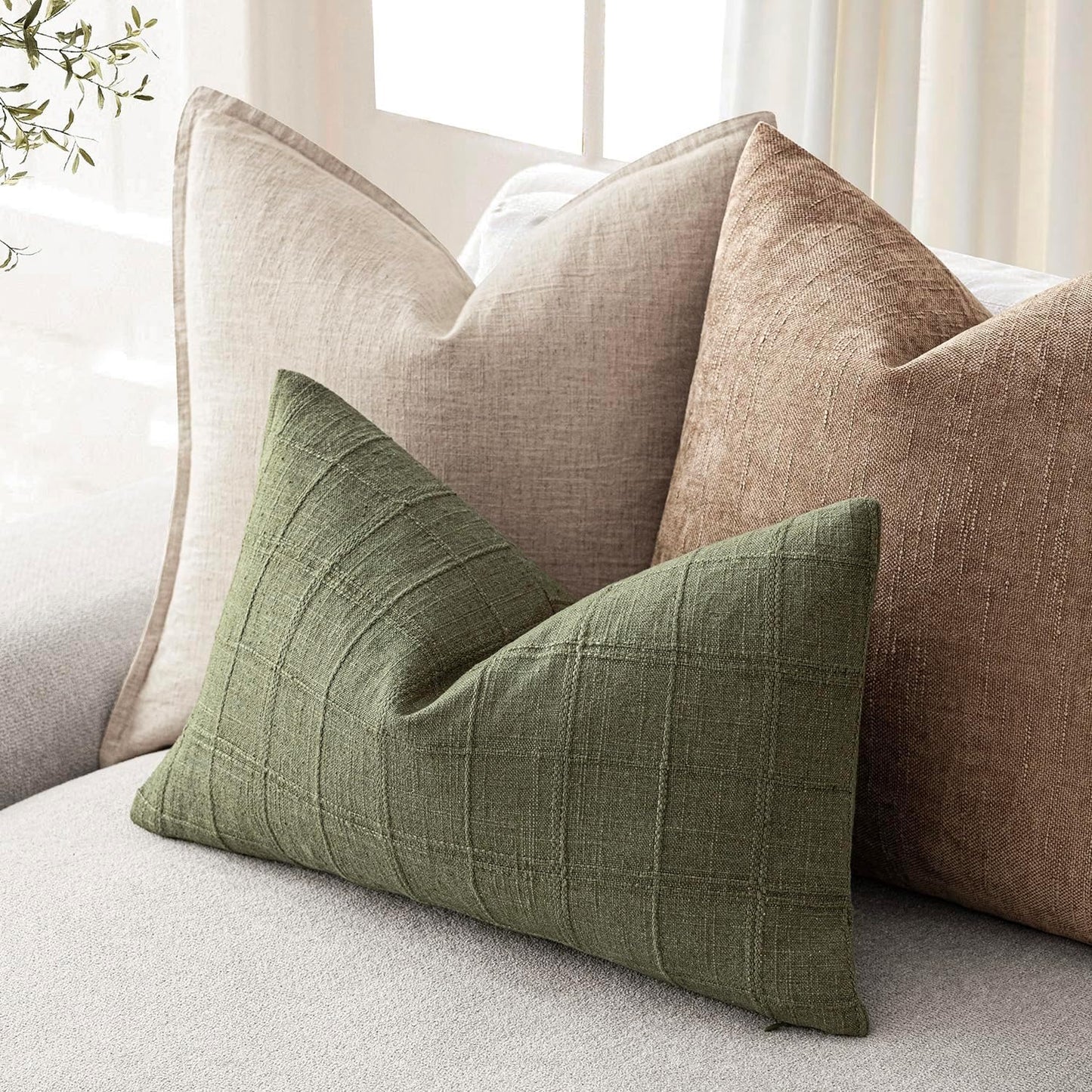 Foindtower Set of 2 Decorative Linen Check Throw Pillow Covers Neutral Farmhouse Lumbar Cushion Covers Modern Boho Home Decor for Sofa Chair Couch Bedroom Living Room Outdoor,12×20 Inch,Sage Green