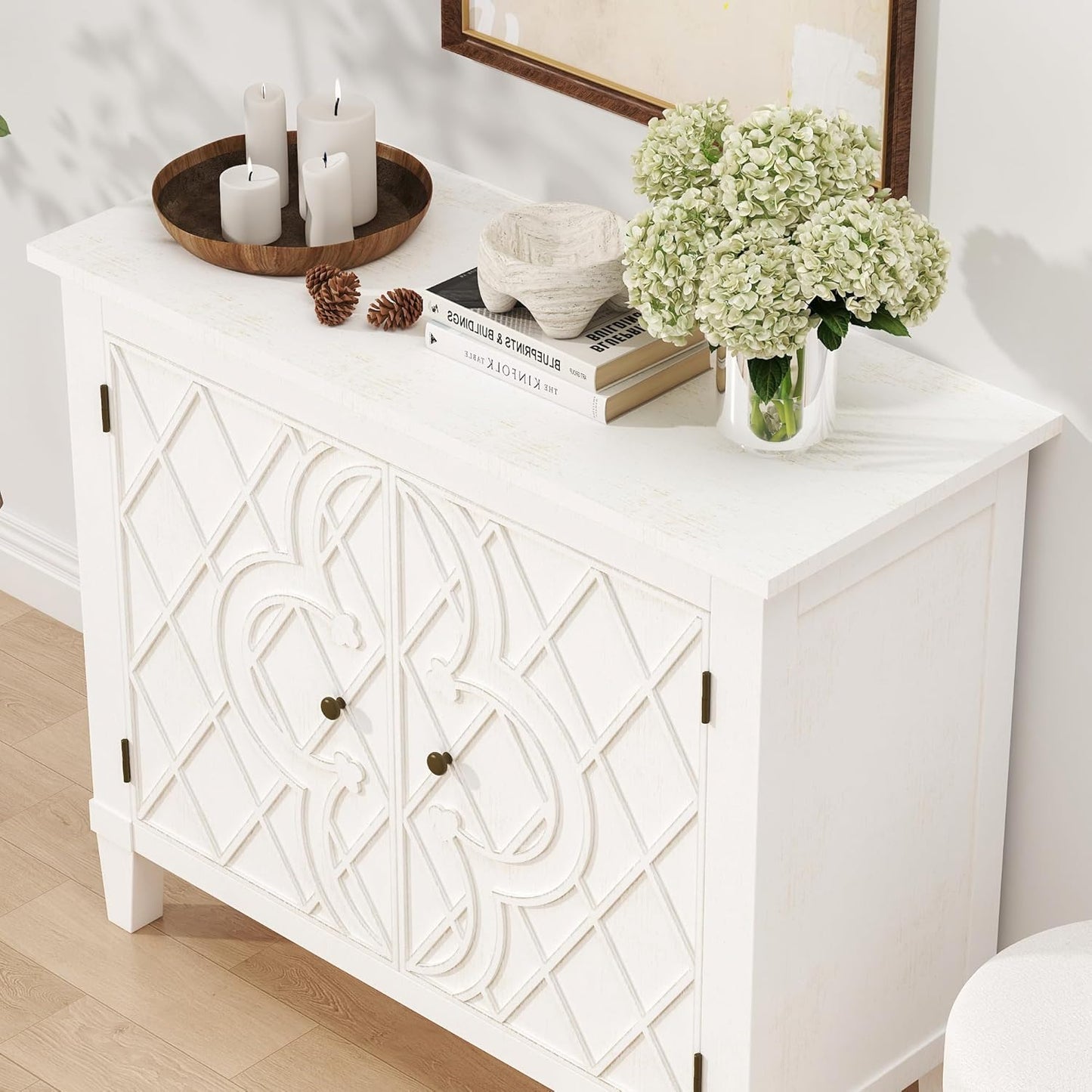 Karlott 40" Entryway Cabinet, Coffee Bar Cabinet with Shelf, Craft Storage Cabinet with Doors, Charming Carved Motif, Pantry Cabinet Sideboard Buffet for Living Room Kitchen Dining Room Hallway, White