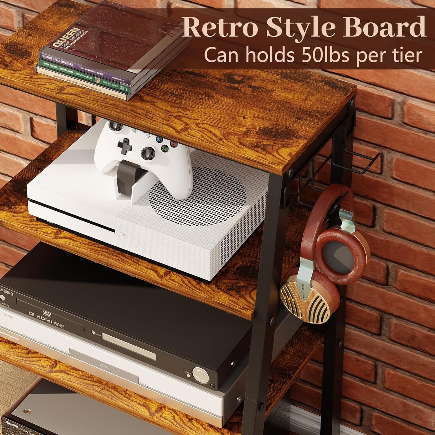 4-Tier AV Media Stand with 2 Hooks,Heavy Duty Stereo Cabinet Furniture-Large Stereo Rack and Game Console Stand,Wooden Record Player Stand,Audio Stand Perfect for DVD Players/Game Console/TV Box/Xbox