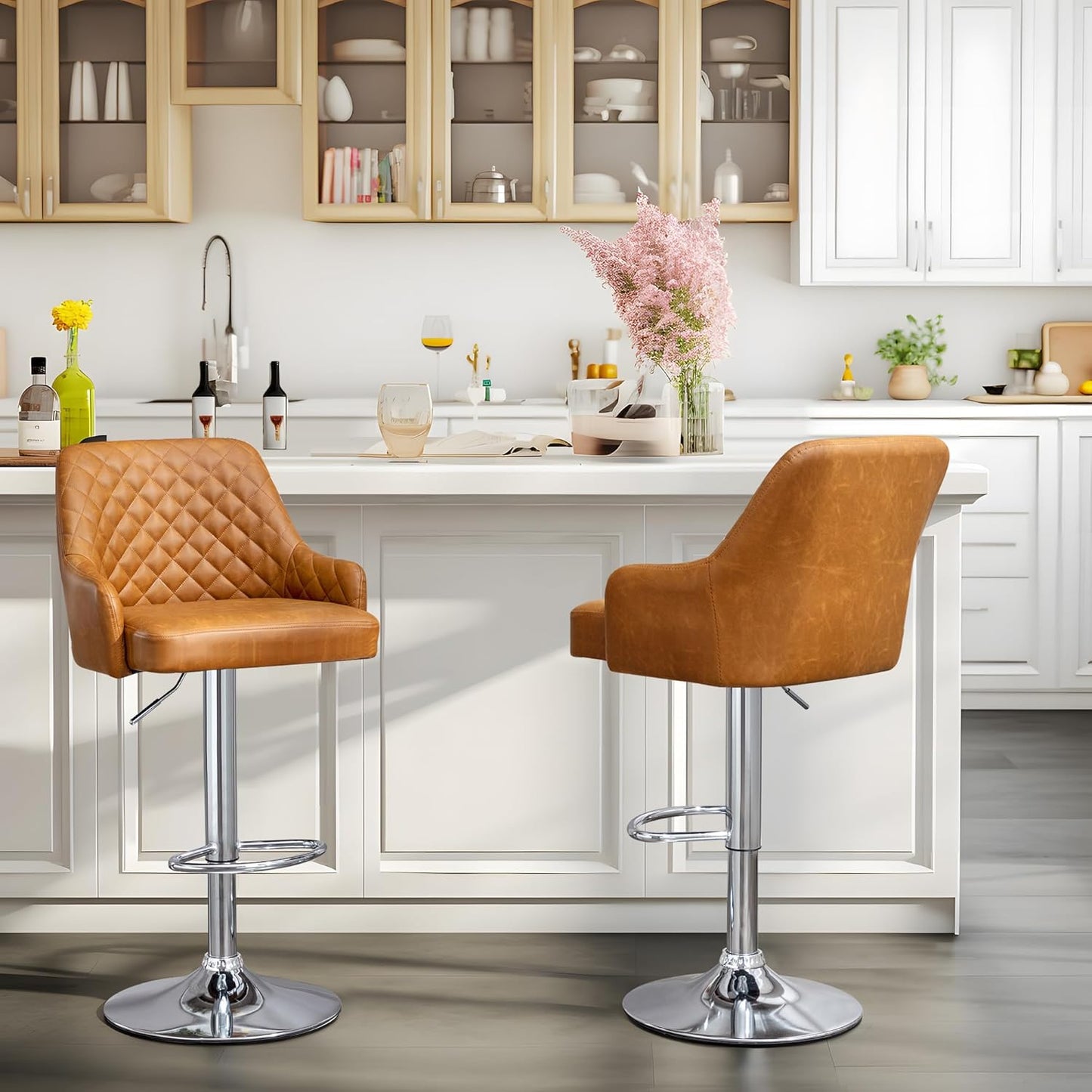 VECELO Adjustable Bar Stools Set of 2, Bar Height Stools for Kitchen Counter,Brown
