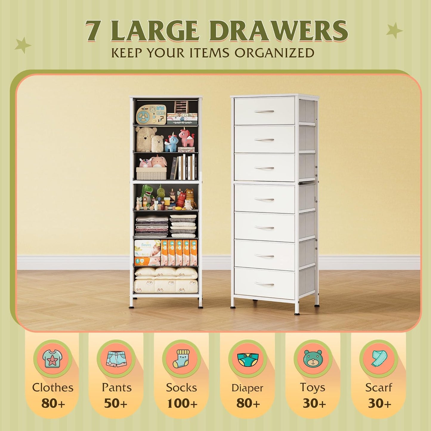 WLIVE White Tall Dresser for Bedroom, 7 Drawer Dressers & Chests of Drawers, Fabric Dresser for Closet, Living Room, Night Stand with Metal Frame, Storage Tower with Fabric Bins, Wood Top