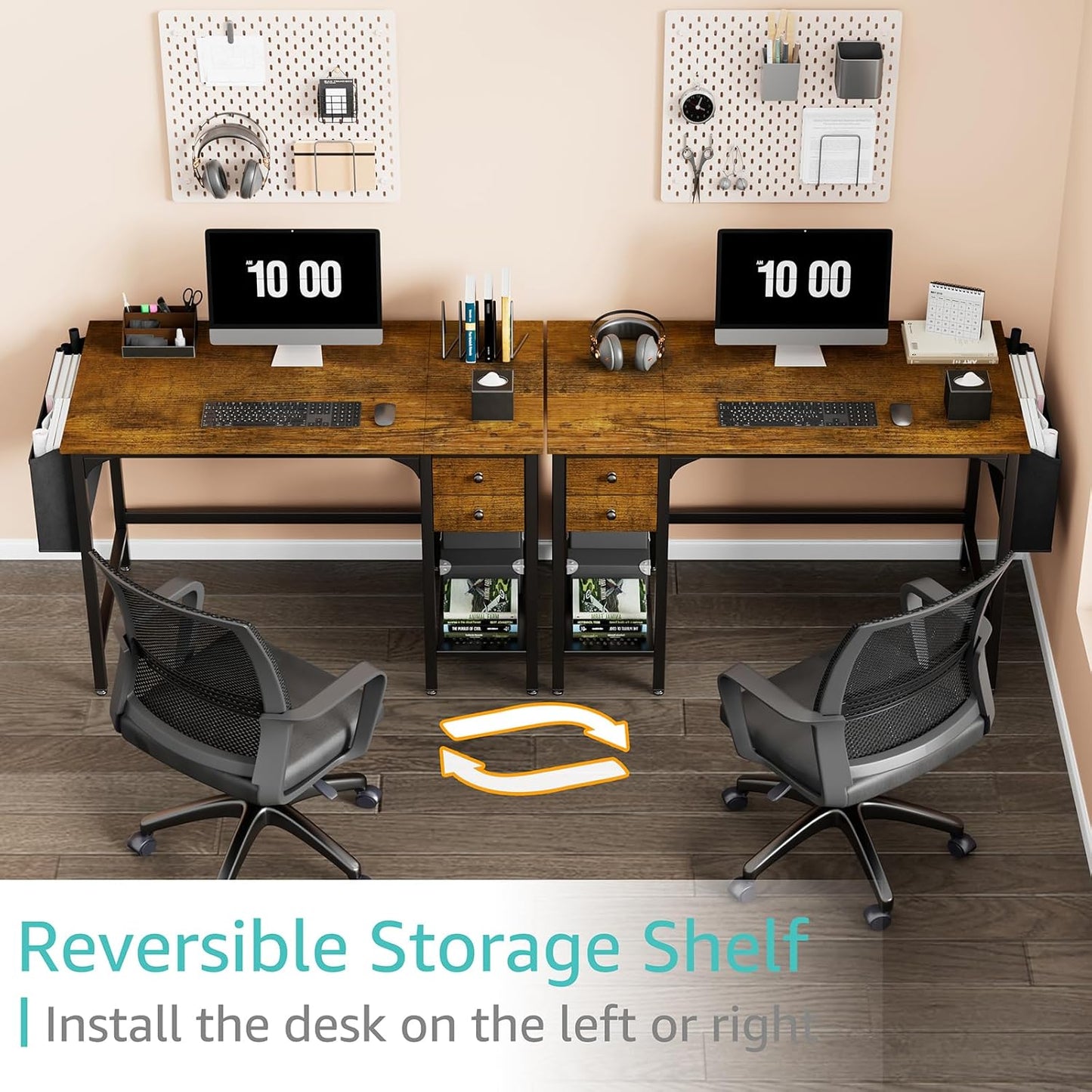 Lufeiya Computer Desk with Drawers - 40 Inch Work Reversible Small Desk for Bedroom Home Office, Simple Study Writing Table PC Desks with Drawer Storage Shelves, Rustic Brown