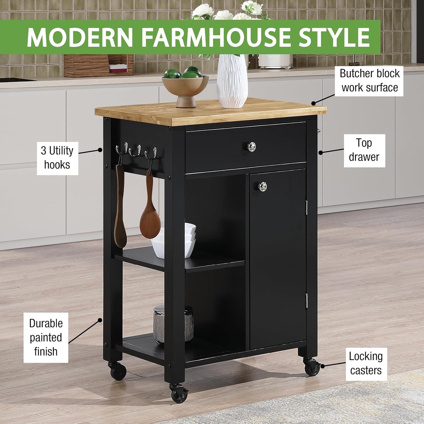 OSP Home Furnishings Derry Modern Farmhouse Kitchen Cart with Natural Butcher Block Top, Rolling Storage Cabinet with Drawer, Shelves, Hooks, Black Finish