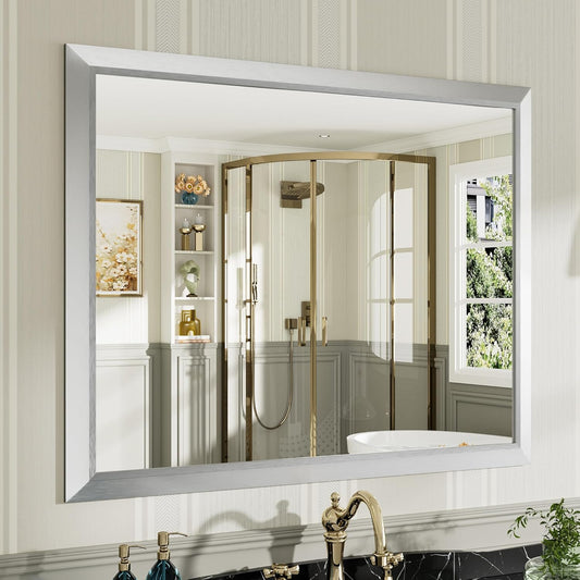 40x32 Inch Silver Bathroom Mirror for Wall, Thick Metal Framed Rectangle Mirrors for Over Sink, Bedroom, Living Room, Entryway, Anti-Rust, HD Tempered Glass