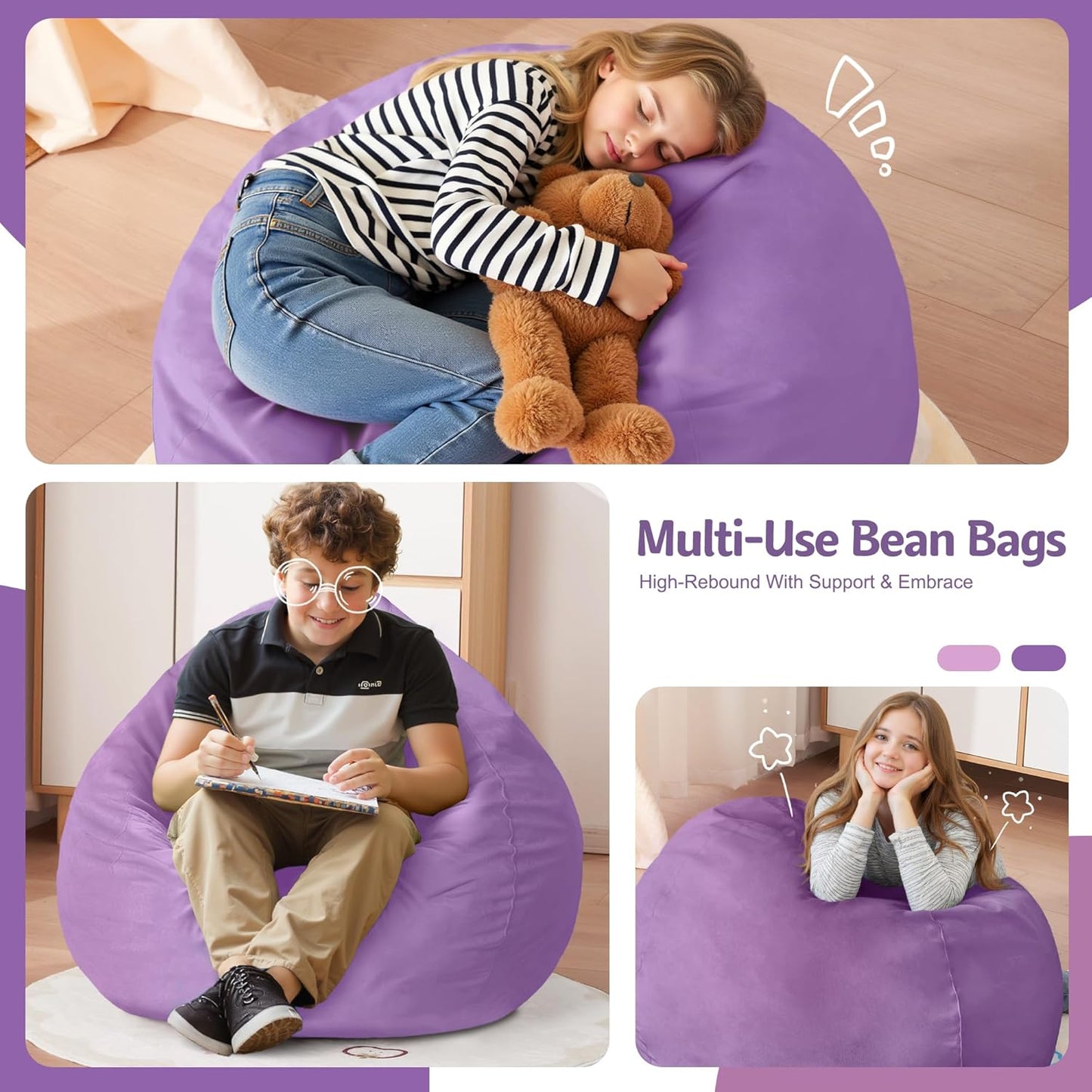 Homguava 2FT Bean Bag Chair: 2' Bean Bags with Memory Foam Filled,Comfy Beanbag Chairs Round Bean Bag Sofa with Dutch Velvet Cover-Purple