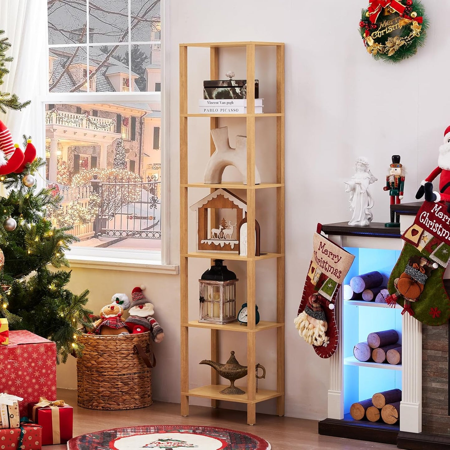 66in Tall Bookshelf 6-Tier Small Narrow Bookcase, Skinny Book Shelf for Small Space, Farmhouse Slim Shelf with Storage, Wood Freestanding Display Thin Bookshelves for Living Room, Natural