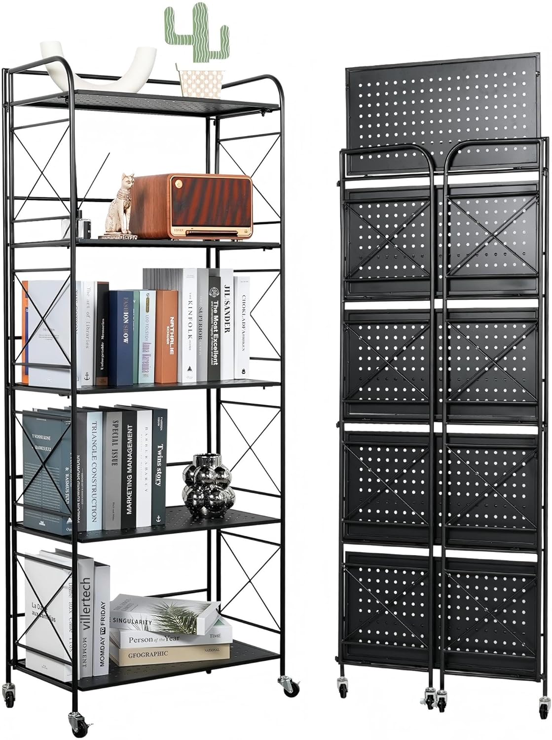 Foldable 5-Tier Metal Shelf with Wheels - Folding Bookshelf Unit for Living Room, Kitchen, Study 12.6" D x 23.6" W x 57.0" H, Matte Black