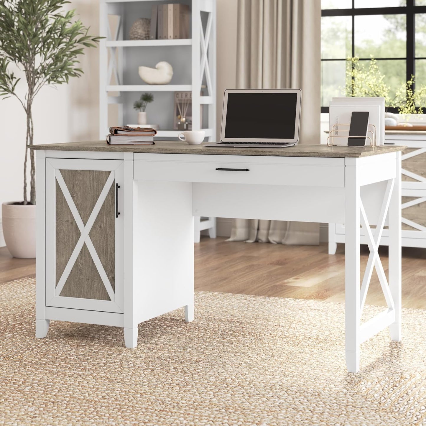 Bush Furniture Key West Computer Desk with Storage | Farmhouse PC Table for Home Office in Pure White and Shiplap Gray | 54W x 24D