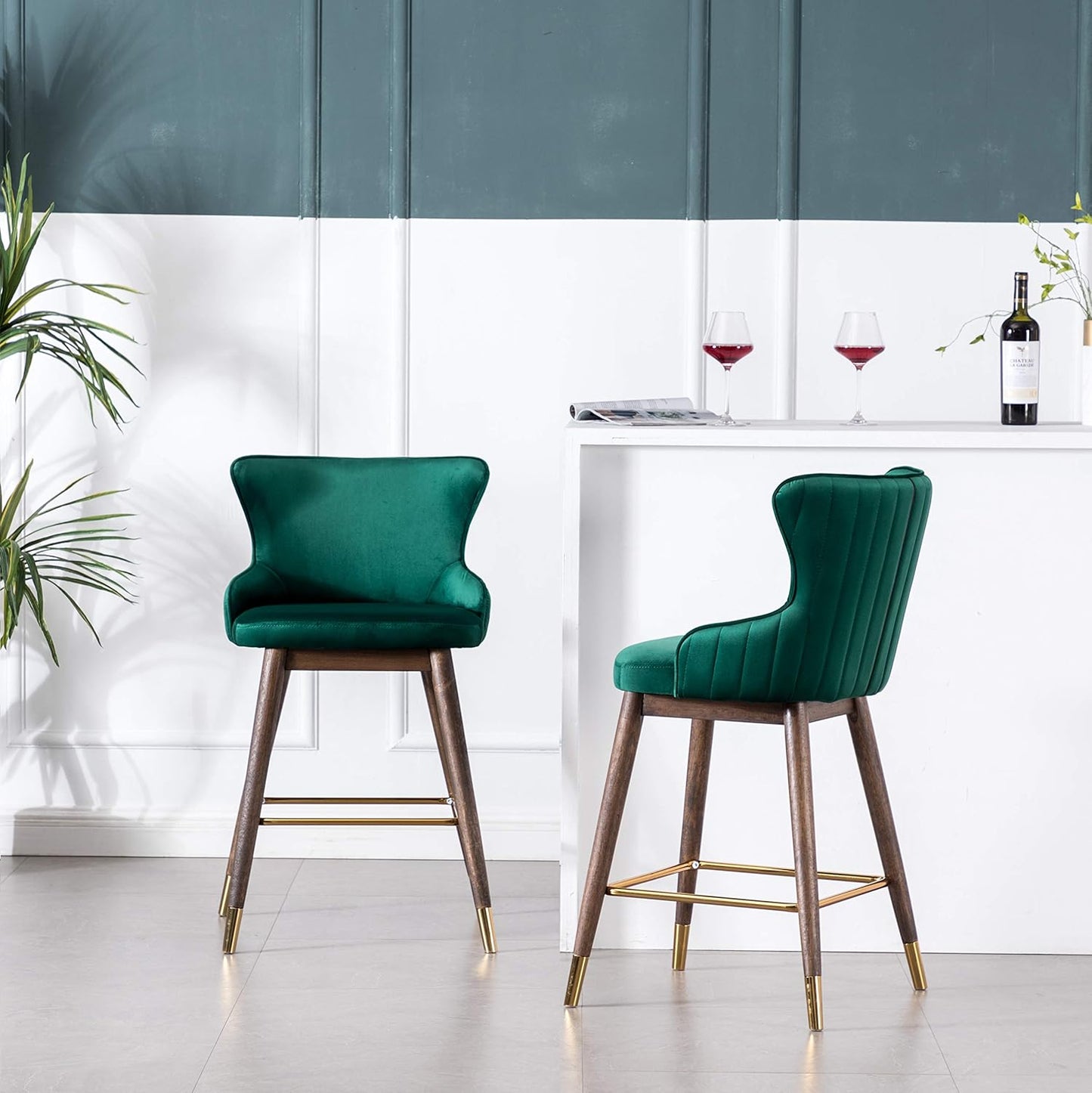 Roundhill Furniture Leland Fabric Upholstered Counter Height Wingback Stools, Set of 2, Green