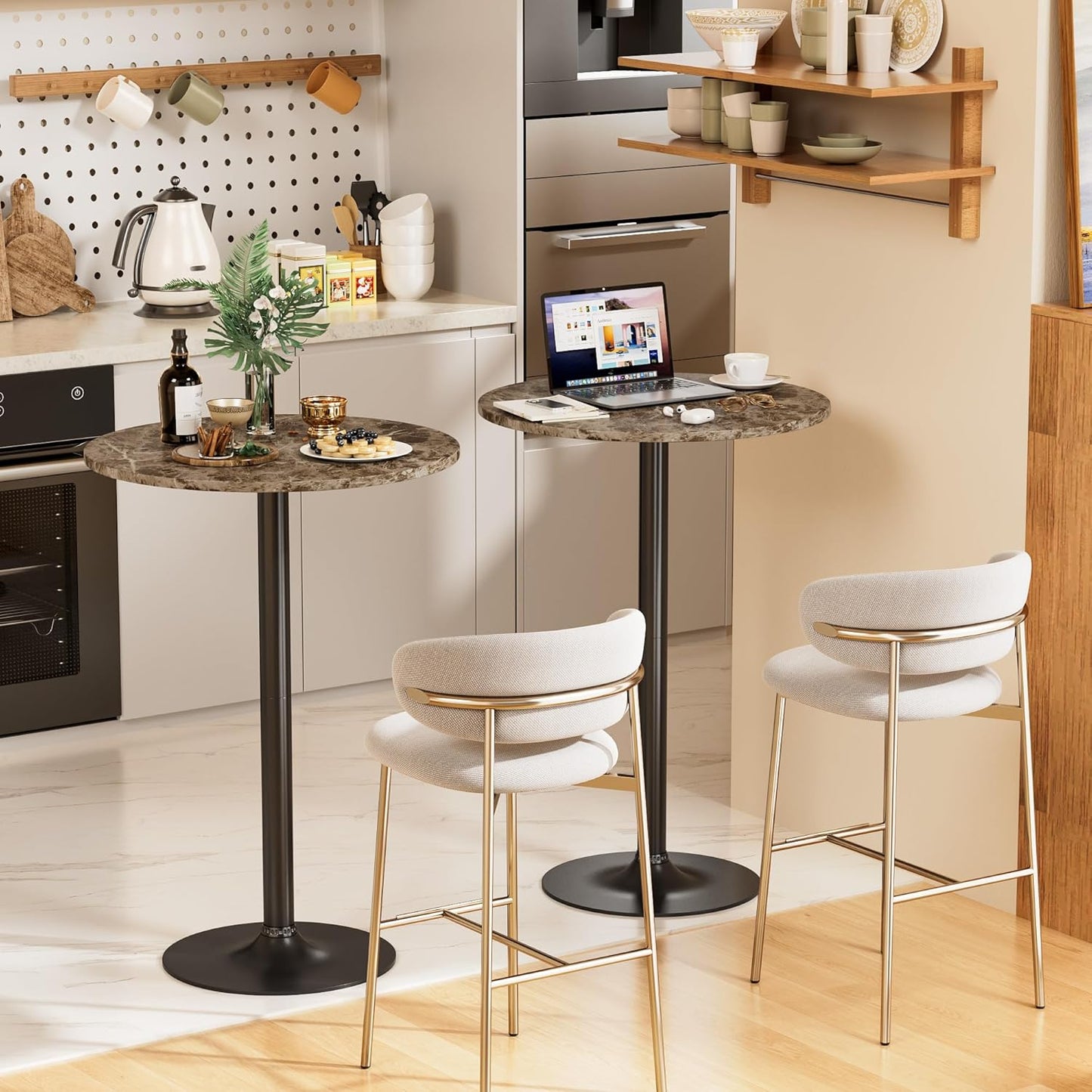 Shahoo Round Bar Table, Cocktail Tables with Metal Base & MDF Top, for Bistro Pub, Cafe, Faux Marble