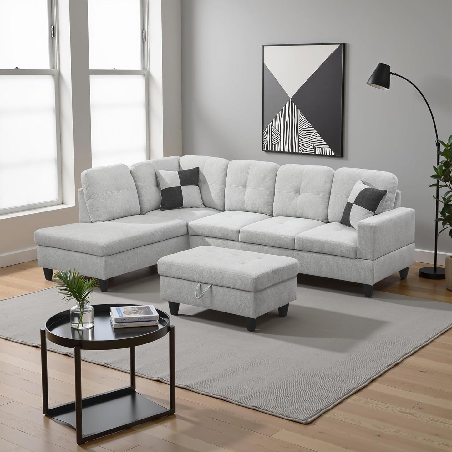 L Shaped Couch Modern Sectional Couch Upholstered Flannel Fabric 3 Pieces Sofas for Living Room with Chaise, Storage Ottoman for Office and Small Apartment, Light Grey