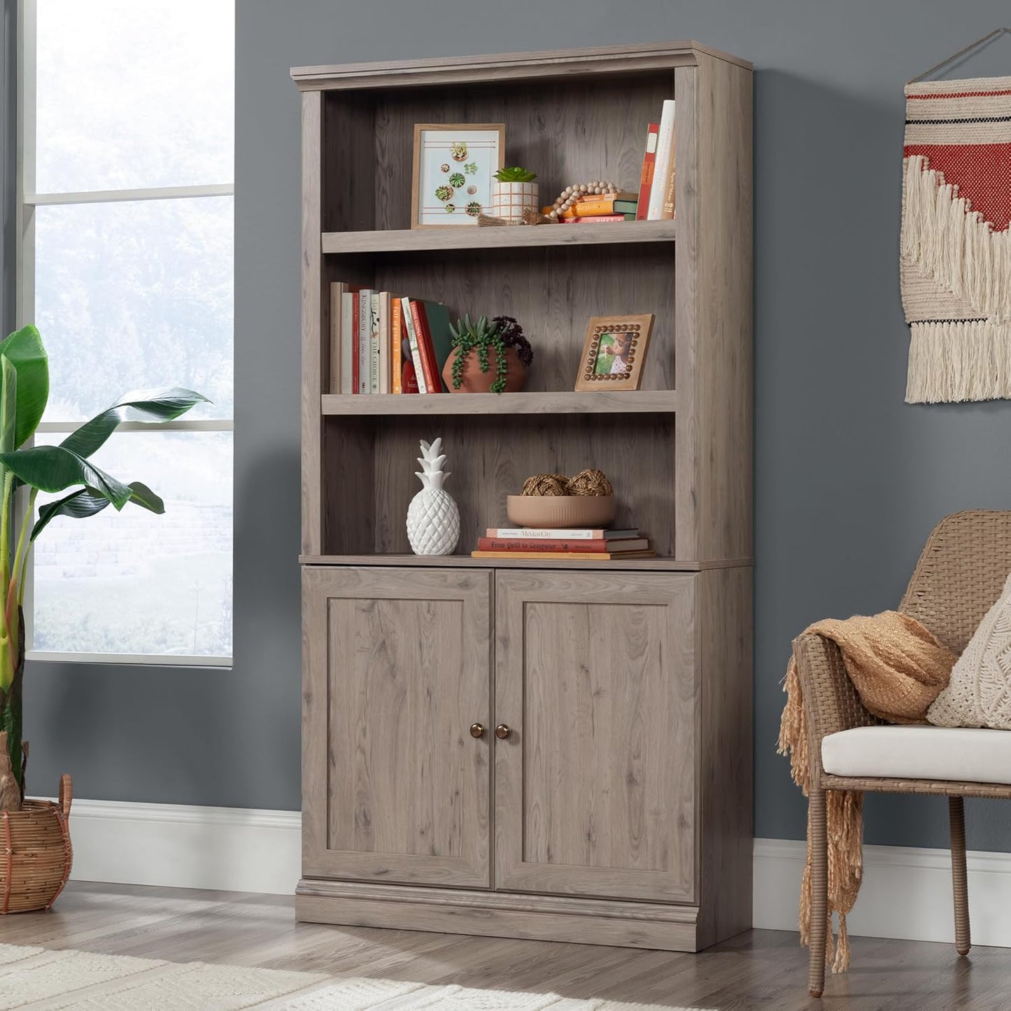 Sauder Miscellaneous Storage 5-Shelf Bookcase with Doors, L: 35.28" x W: 13.23" x H: 69.76", Laurel Oak Finish