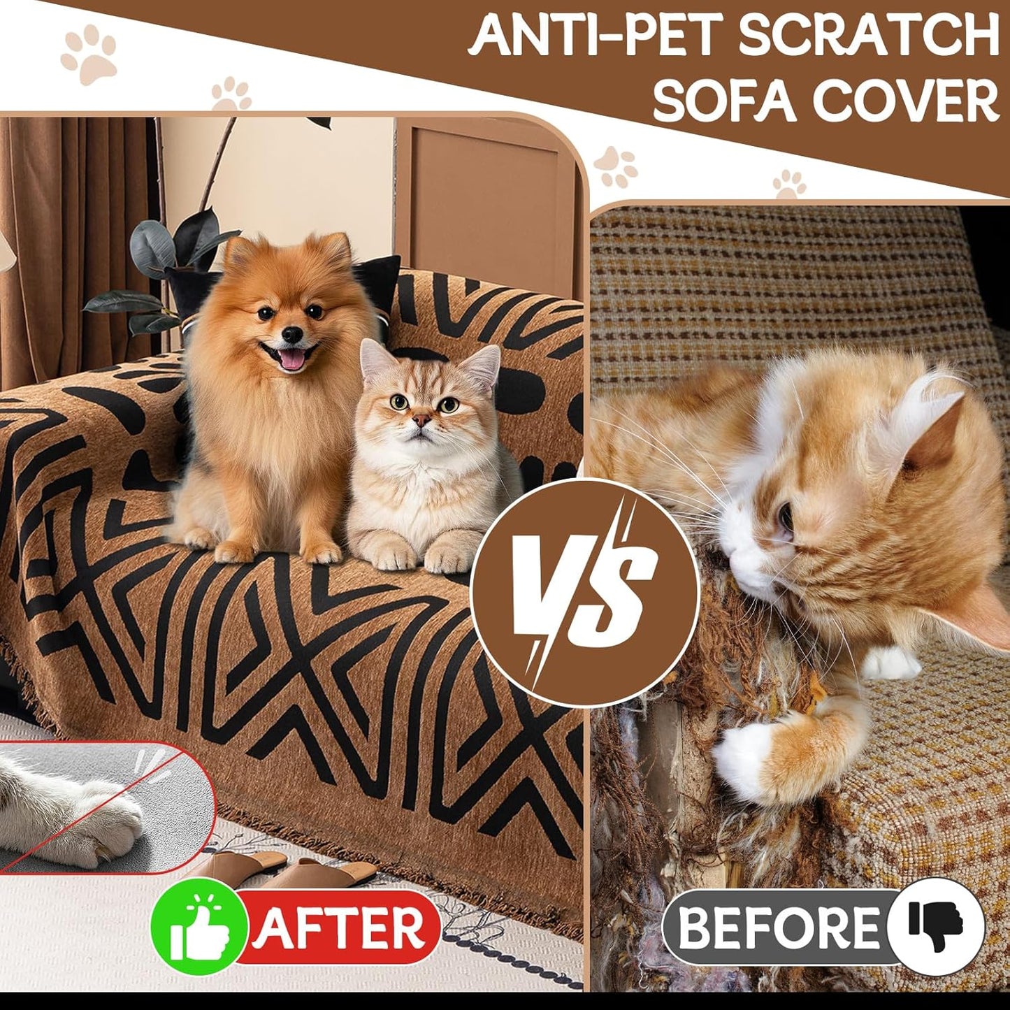 HANDONTIME Boho Couch Cover Geometric Striped Pet Covers for Couches and Sofas Copper Brown and Black Dog Cover for Couch Pet Friendly Chenille Sectional Sofa Covers for Pets Washable, 71" X 134"