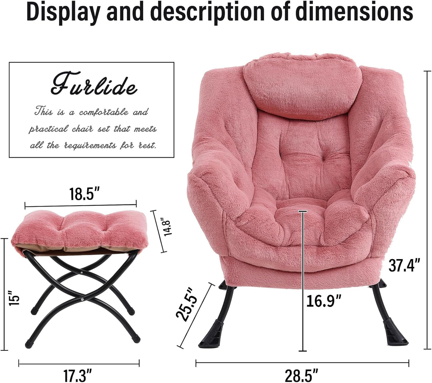 Lazy Chair with Ottoman, Modern Chair with Folding Footrest, Lounge Accent Chair, Comfortable Reading Chair (Plush Dark Pink)
