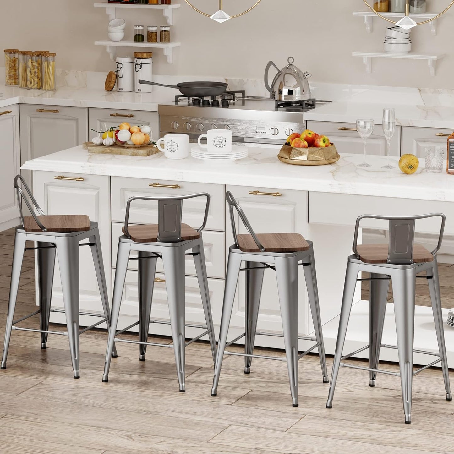 24 Inch Swivel Bar Stools Set of 4 with Backs Counter Height Industrial Metal Barstools Island Bar Chairs for Home Kitchen Dining Room (Swivel 24 inch, Silver Wooden)