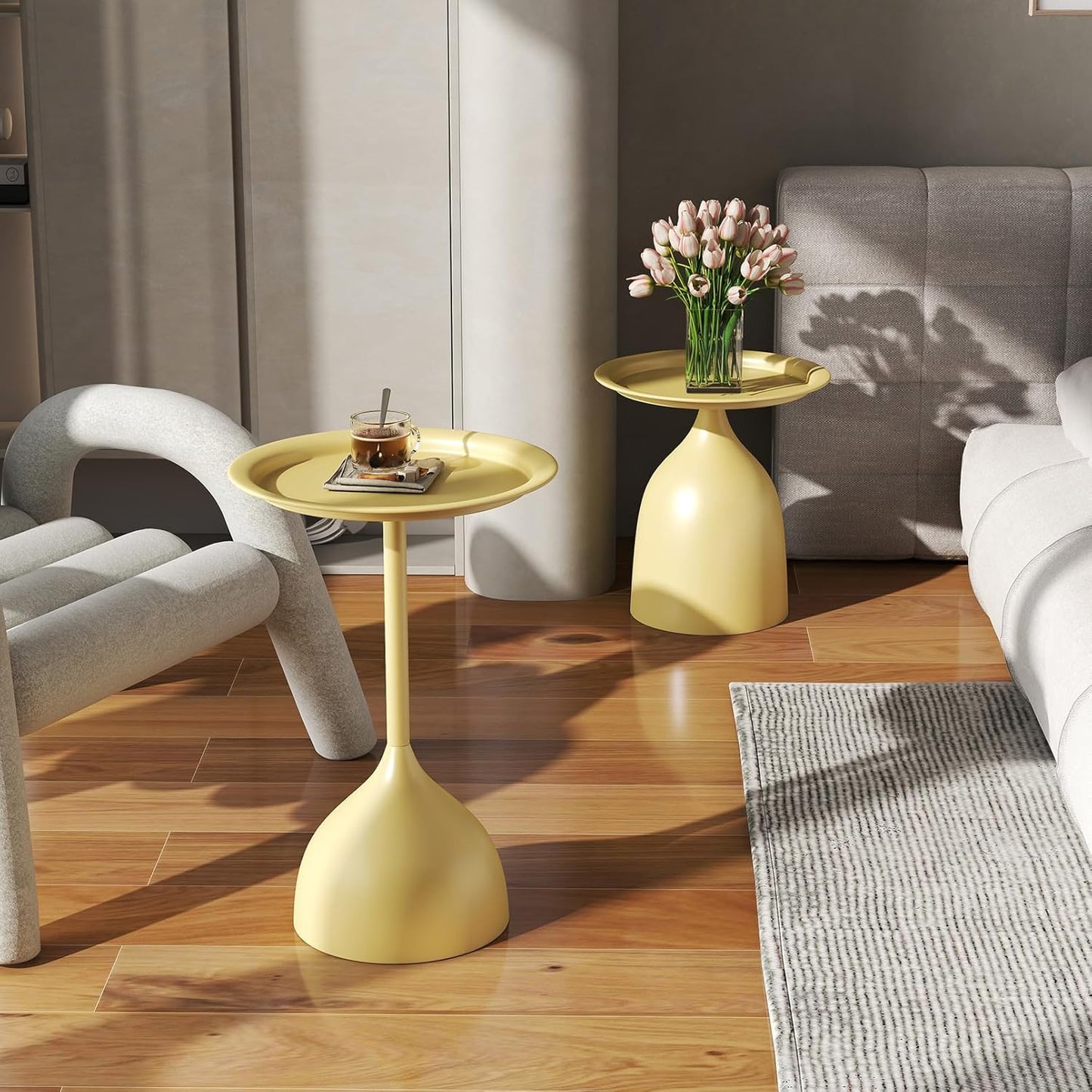 hitsuki Yellow Nesting Coffee Table Set of 2 Funky Colorful Round Metal End Side Tables for Living Room Sofa Retro Modern Pedestal nightstand Cute Matte Cream Yellow Side Table