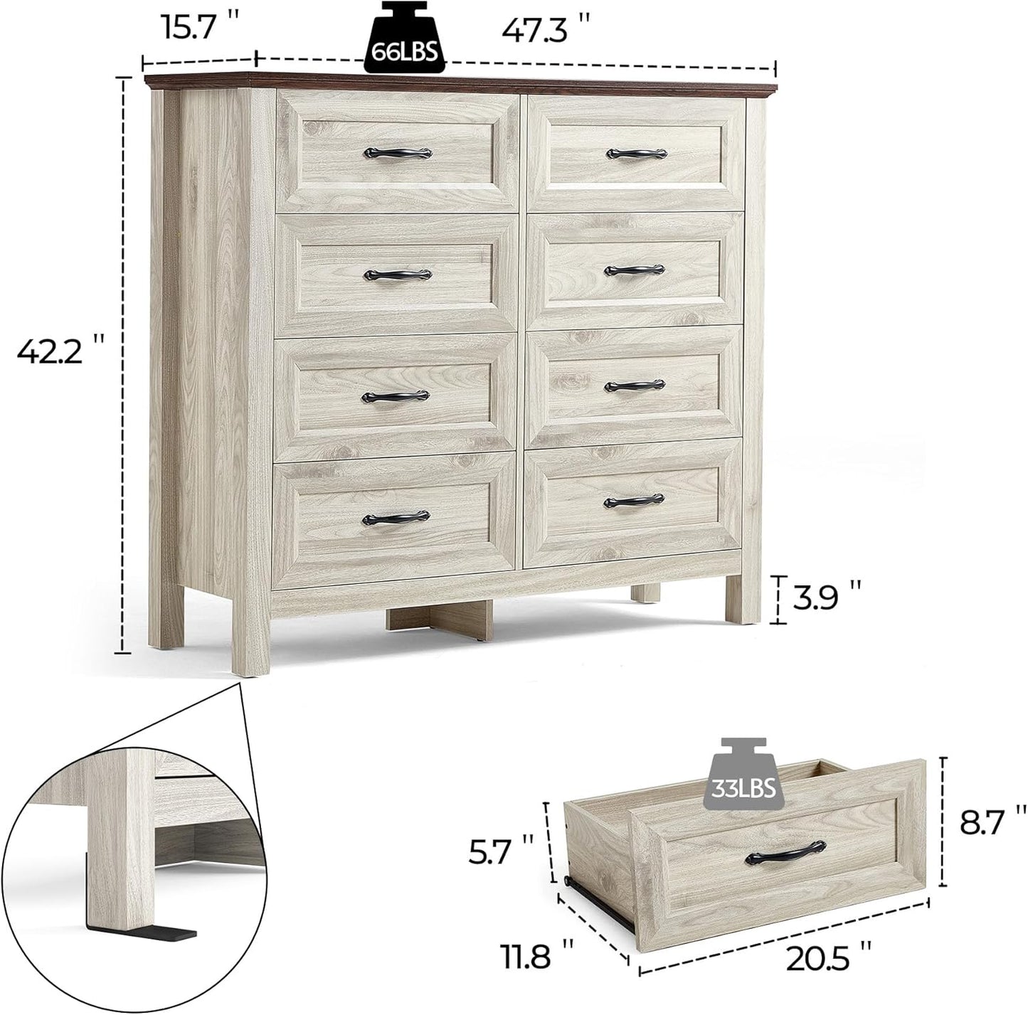 LINSY HOME Dresser for Bedroom with 8 Drawers, Updated Wide Chest of Drawers, Modern Farmhouse Bedroom Tall Dresser with Storage Organizer, Wooden Dressers for Living Room, Beige