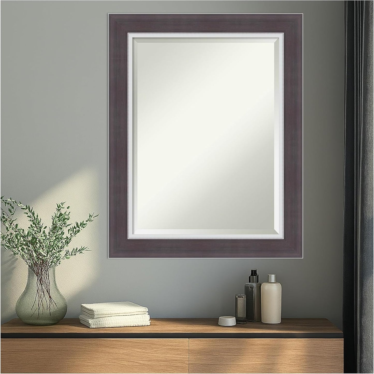 Amanti Art Brown Wall Mirror 30x24 Ellie Brown Silver Rectangle Bathroom Mirror for Wall Decor Living Room, Medium Modern Frame, Hangs Horizonally and Vertically, Bathroom Decor, Beveled Edge